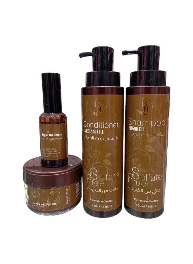 BH Argan Oil Hair Care Set - Hydration, Nourishment, and Shine: Shampoo 400ml, Conditioner 400ml, Mask 200ml, Serum 100ml - Image 1